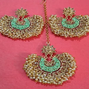 Gazra Earrings and Tickly with Olive Green Minakari for Women and Girls